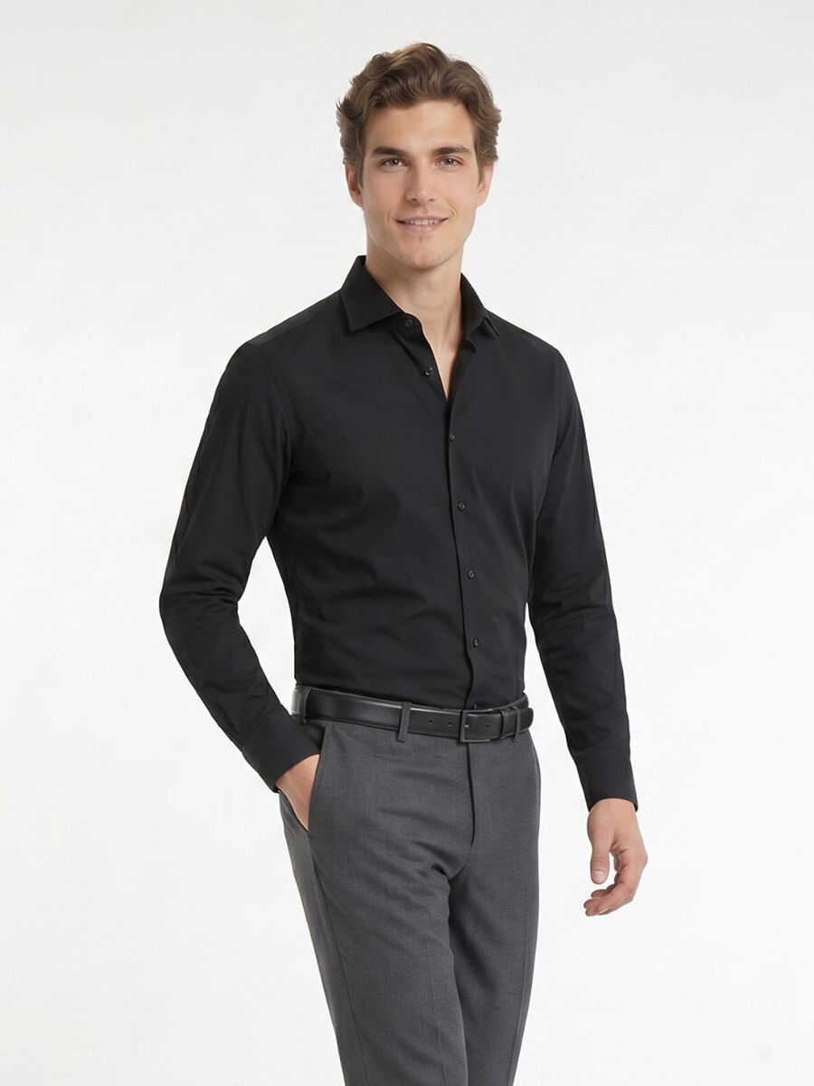 Siyah Regular Fit Uzun Dokuma Casual Pamuk Karışımlı Gömlek - 4