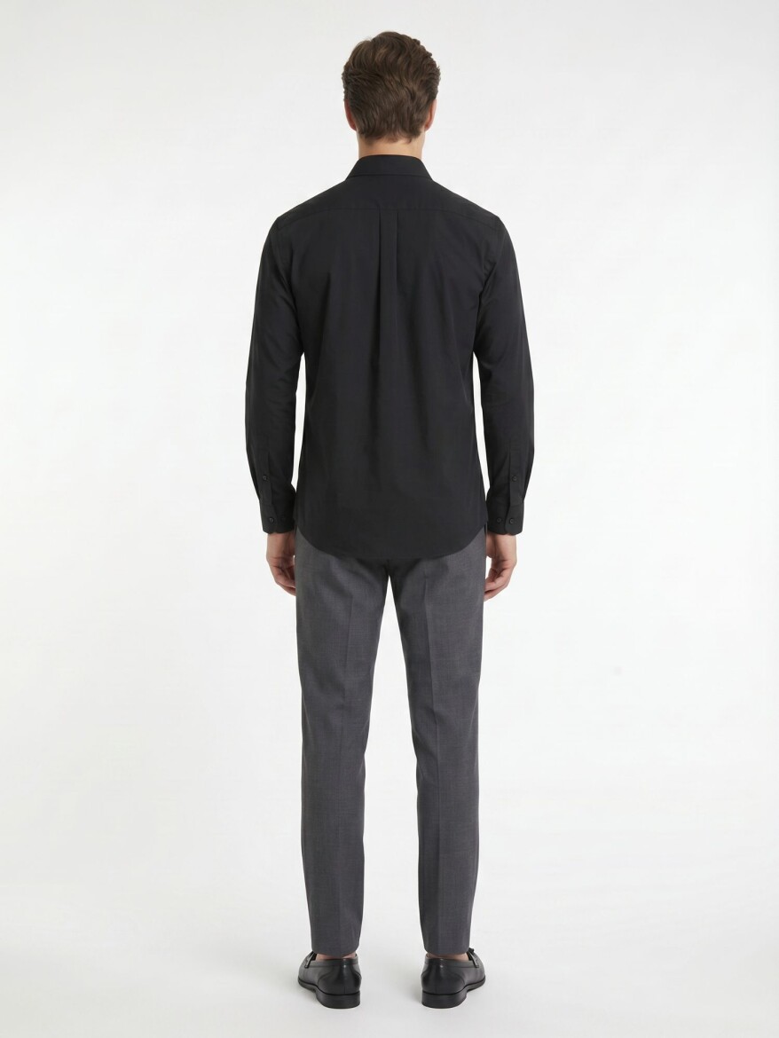 Siyah Regular Fit Uzun Dokuma Casual Pamuk Karışımlı Gömlek - 5