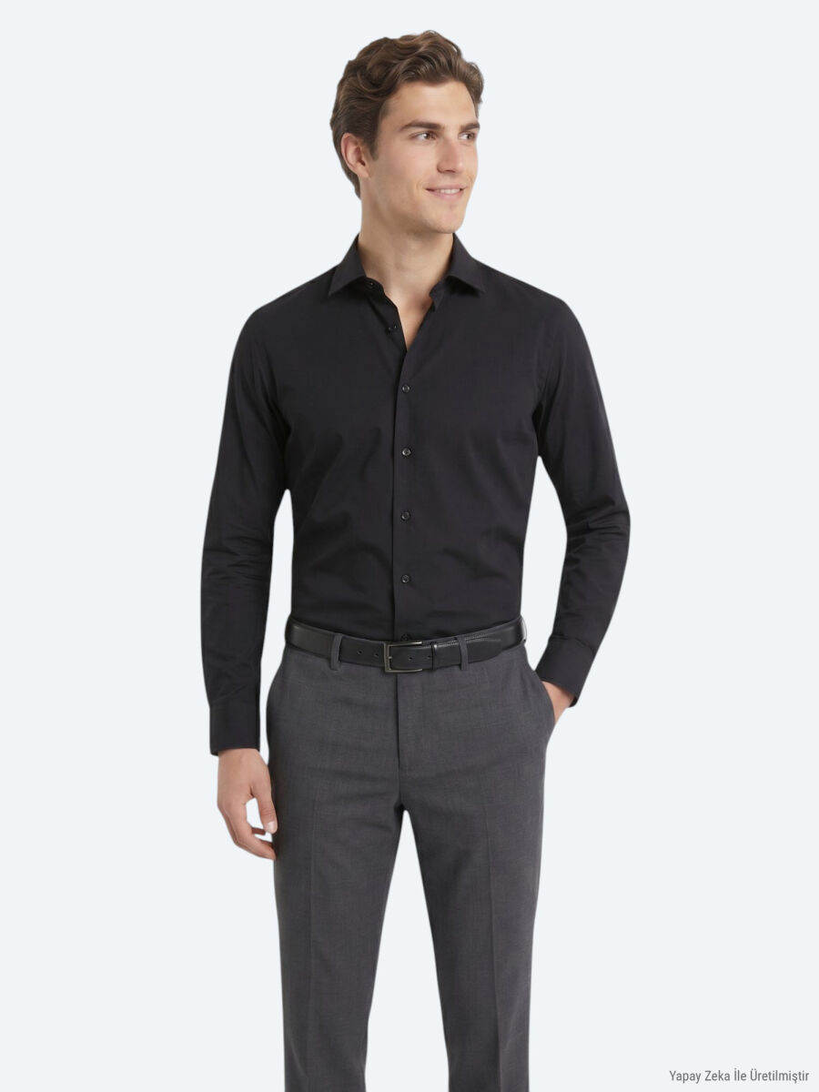 Siyah Regular Fit Uzun Dokuma Casual Pamuk Karışımlı Gömlek - 1