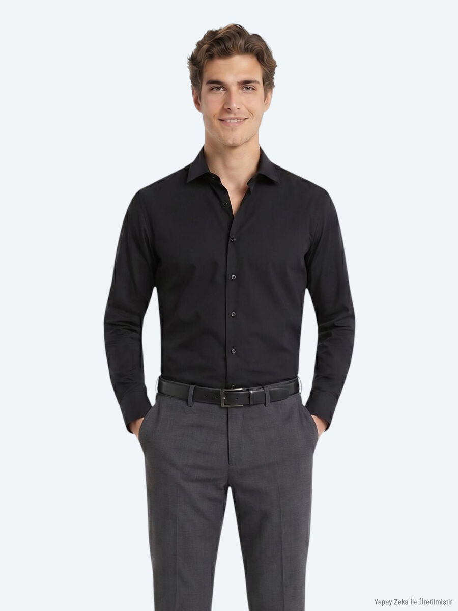 Siyah Regular Fit Uzun Dokuma Casual Pamuk Karışımlı Gömlek - 2