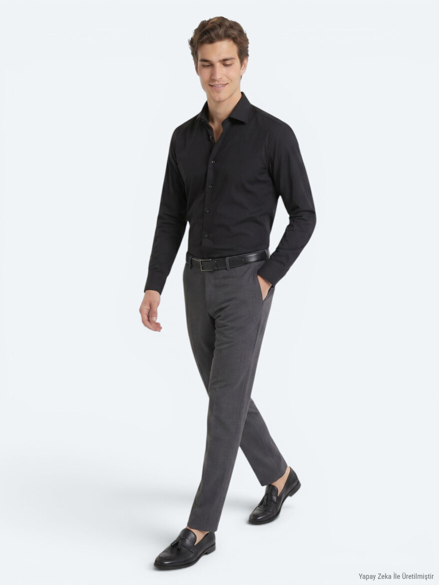 Siyah Regular Fit Uzun Dokuma Casual Pamuk Karışımlı Gömlek - 3