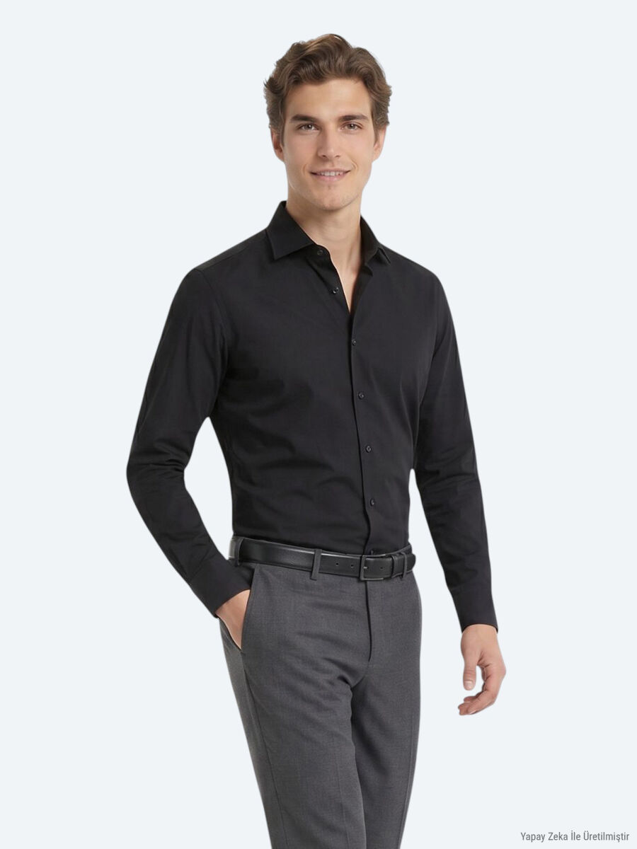 Siyah Regular Fit Uzun Dokuma Casual Pamuk Karışımlı Gömlek - 4