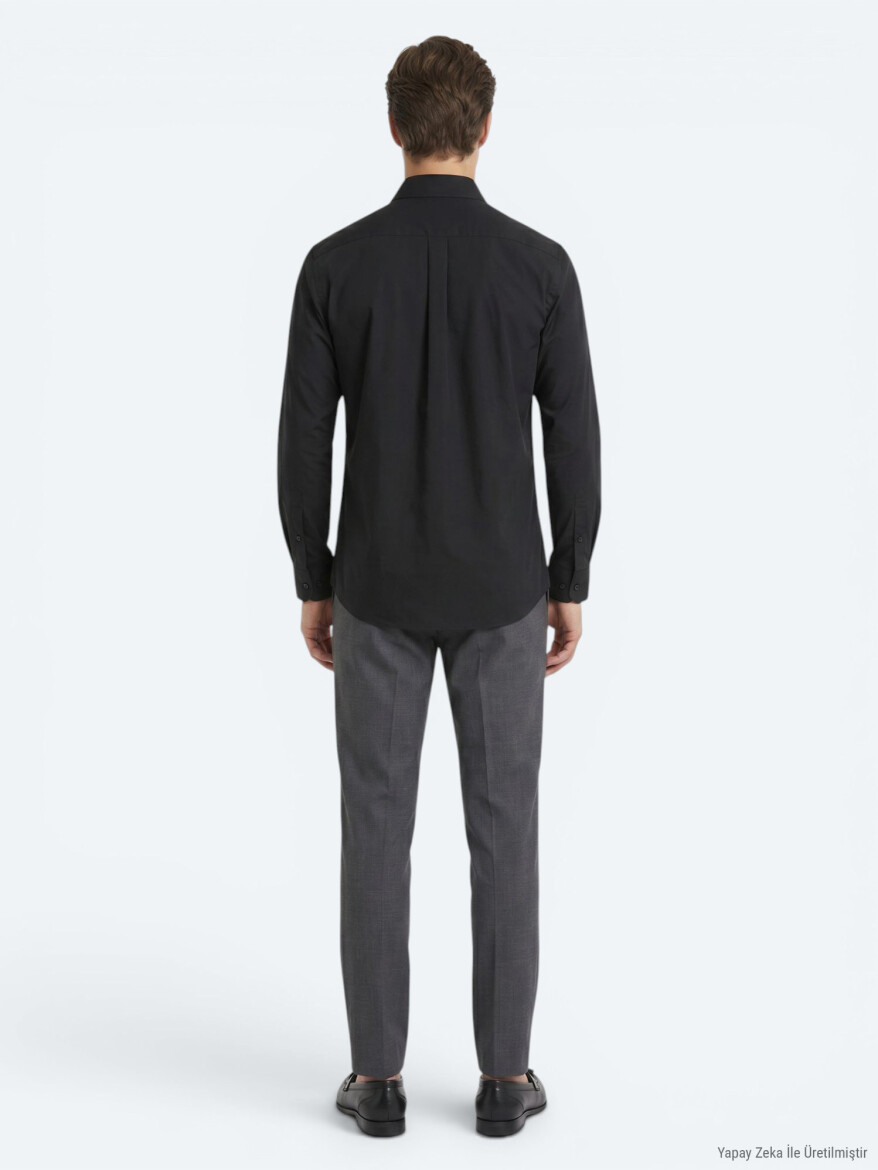 Siyah Regular Fit Uzun Dokuma Casual Pamuk Karışımlı Gömlek - 5