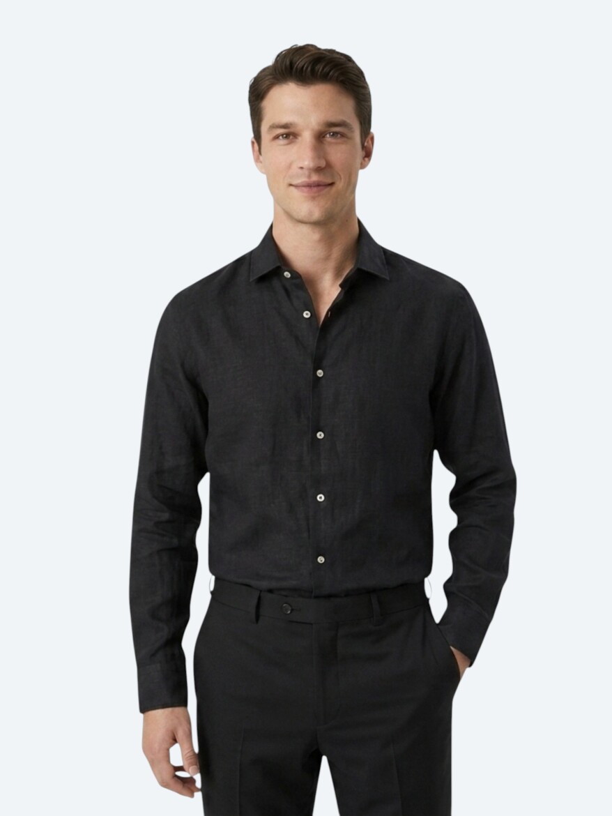 Siyah Regular Fit Uzun Dokuma Casual Pamuk Karışımlı Gömlek - KİP