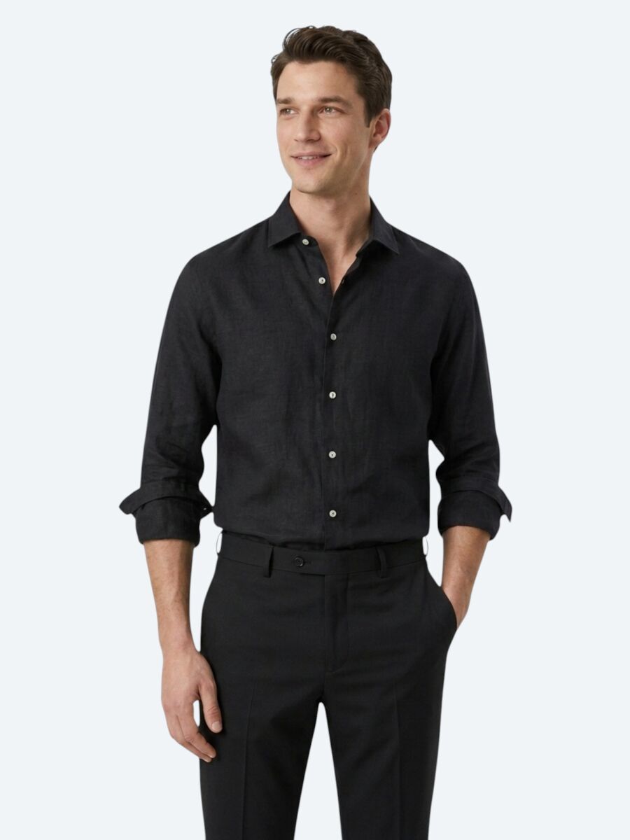 Siyah Regular Fit Uzun Dokuma Casual Pamuk Karışımlı Gömlek - 3