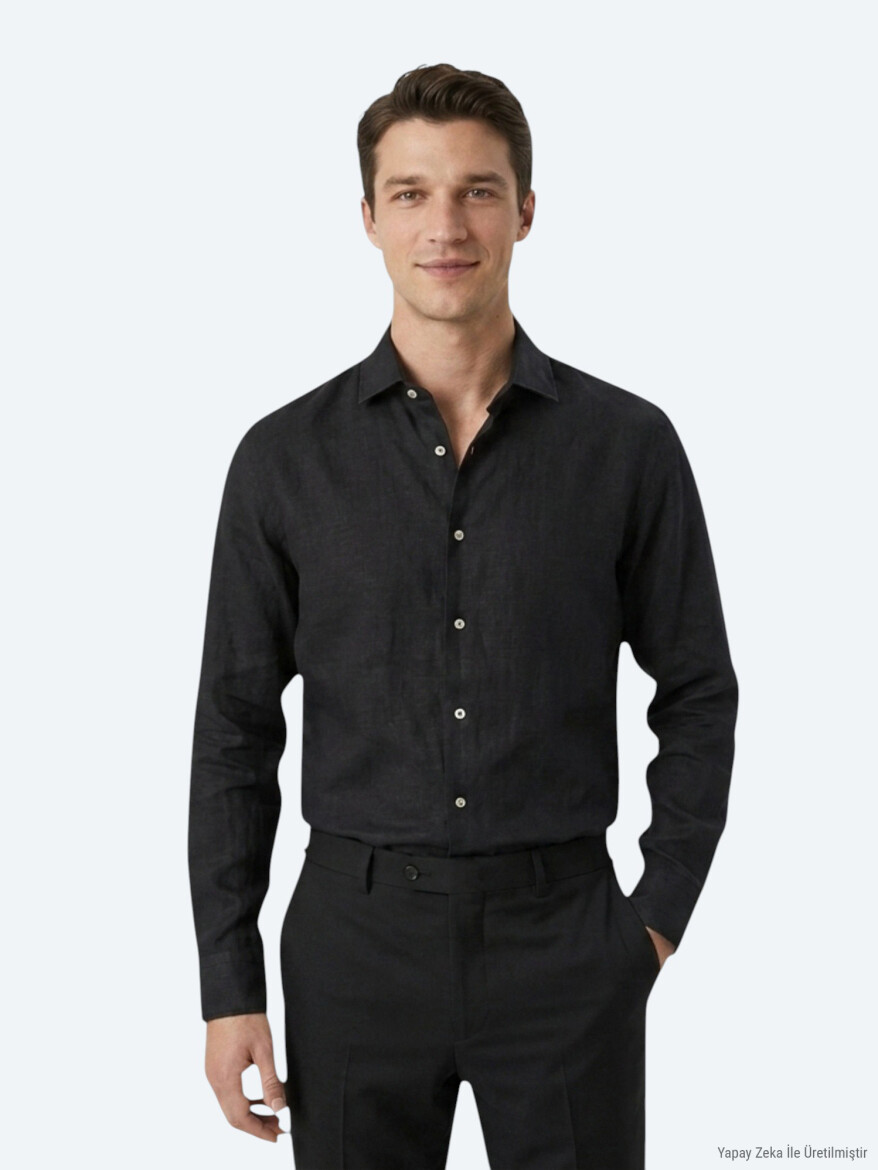 Siyah Regular Fit Uzun Dokuma Casual Pamuk Karışımlı Gömlek - KİP