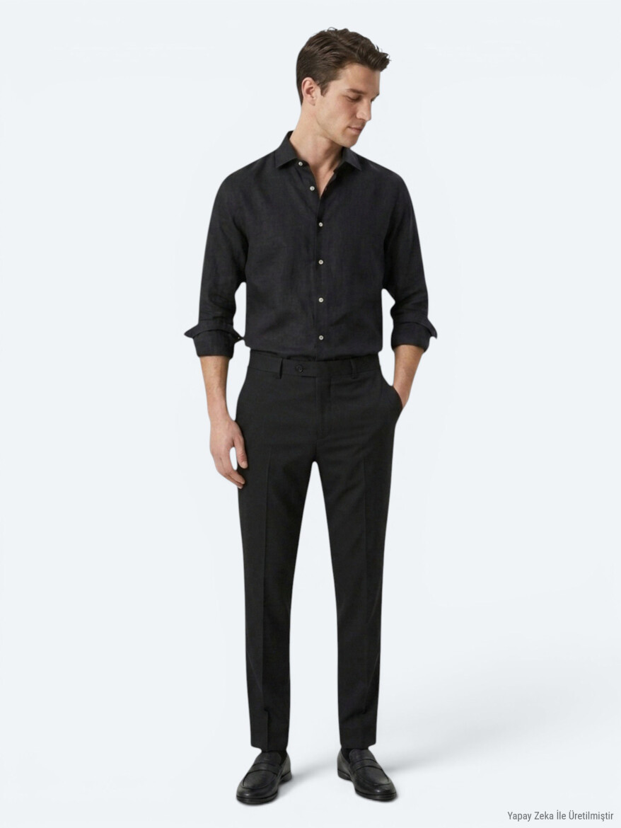 Siyah Regular Fit Uzun Dokuma Casual Pamuk Karışımlı Gömlek - KİP