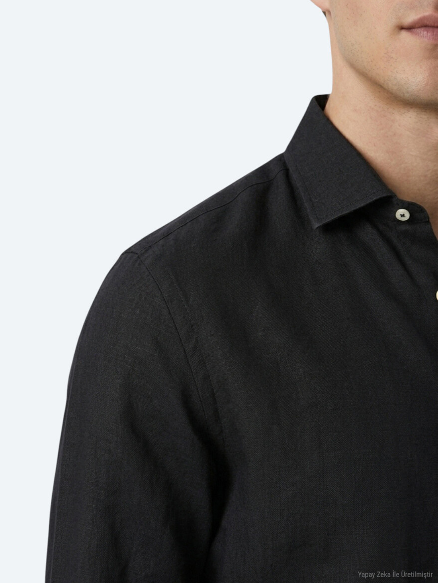 Siyah Regular Fit Uzun Dokuma Casual Pamuk Karışımlı Gömlek - 4