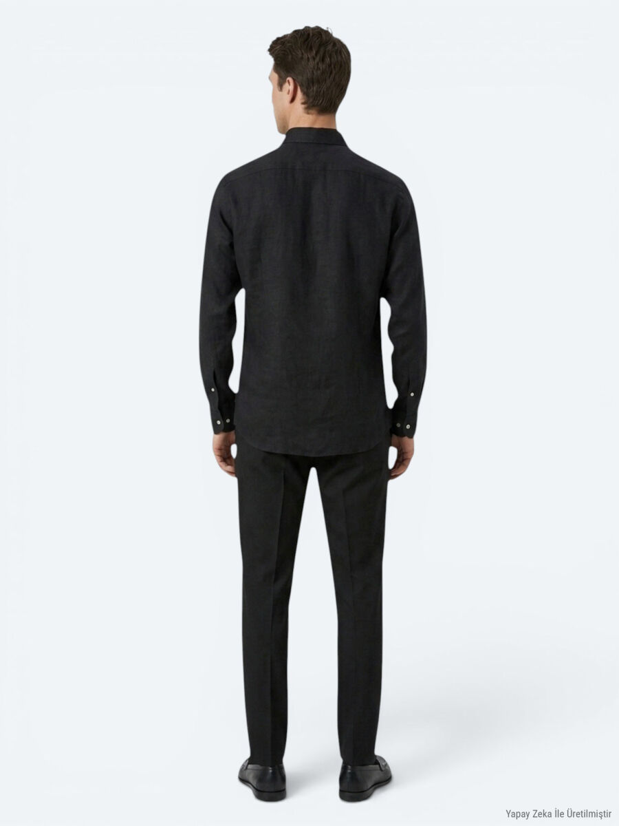 Siyah Regular Fit Uzun Dokuma Casual Pamuk Karışımlı Gömlek - 5