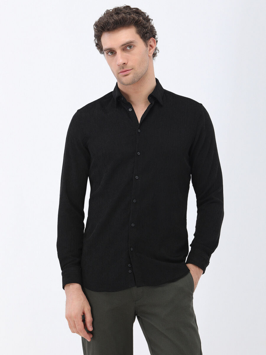 Siyah Regular Fit Uzun Dokuma Kadife Casual Pamuk Karışımlı Gömlek - 1