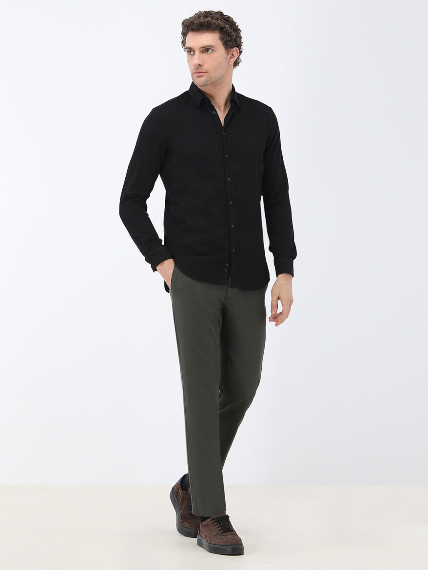 Siyah Regular Fit Uzun Dokuma Kadife Casual Pamuk Karışımlı Gömlek - 2