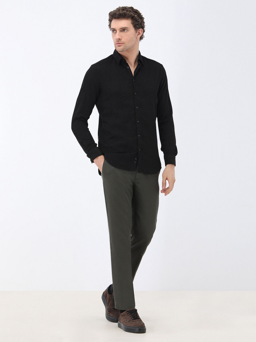 Siyah Regular Fit Uzun Dokuma Kadife Casual Pamuk Karışımlı Gömlek - 2