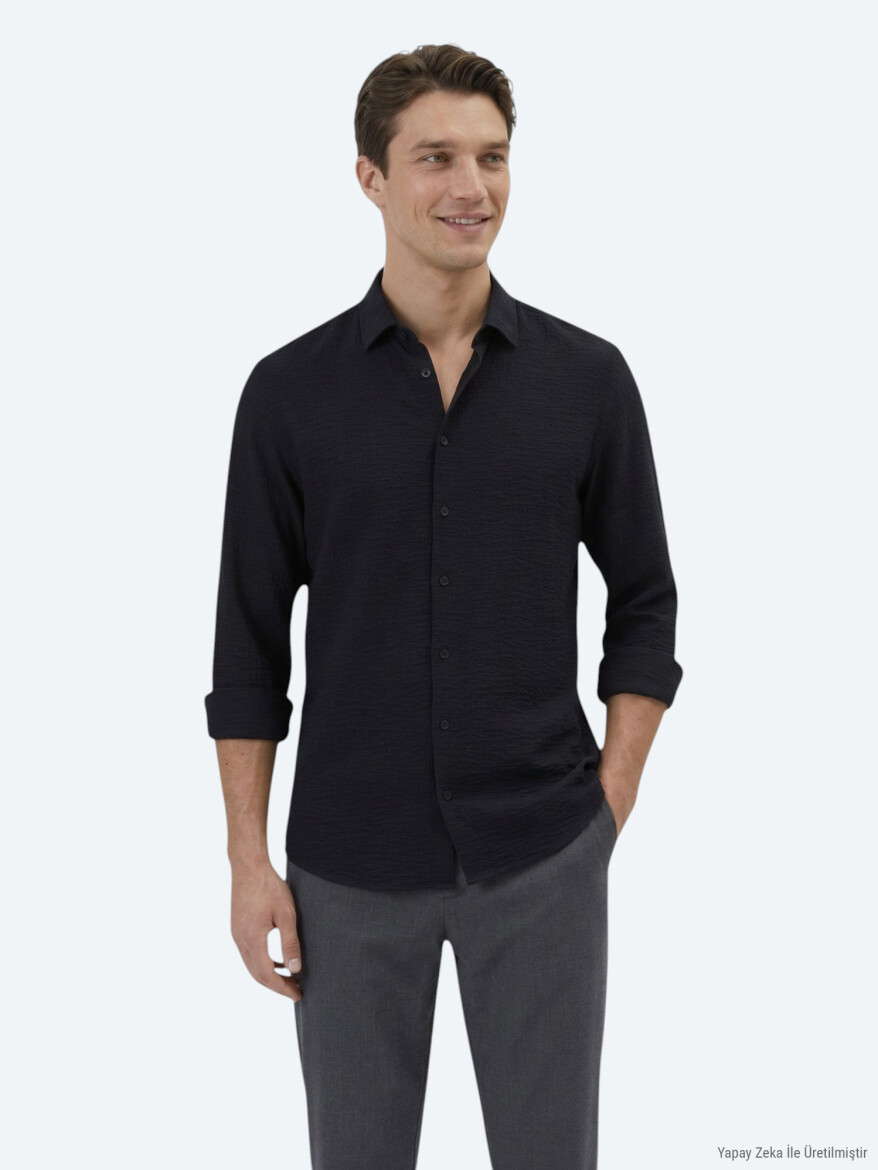 Siyah Regular Fit Uzun Dokuma Klasik Gömlek - KİP