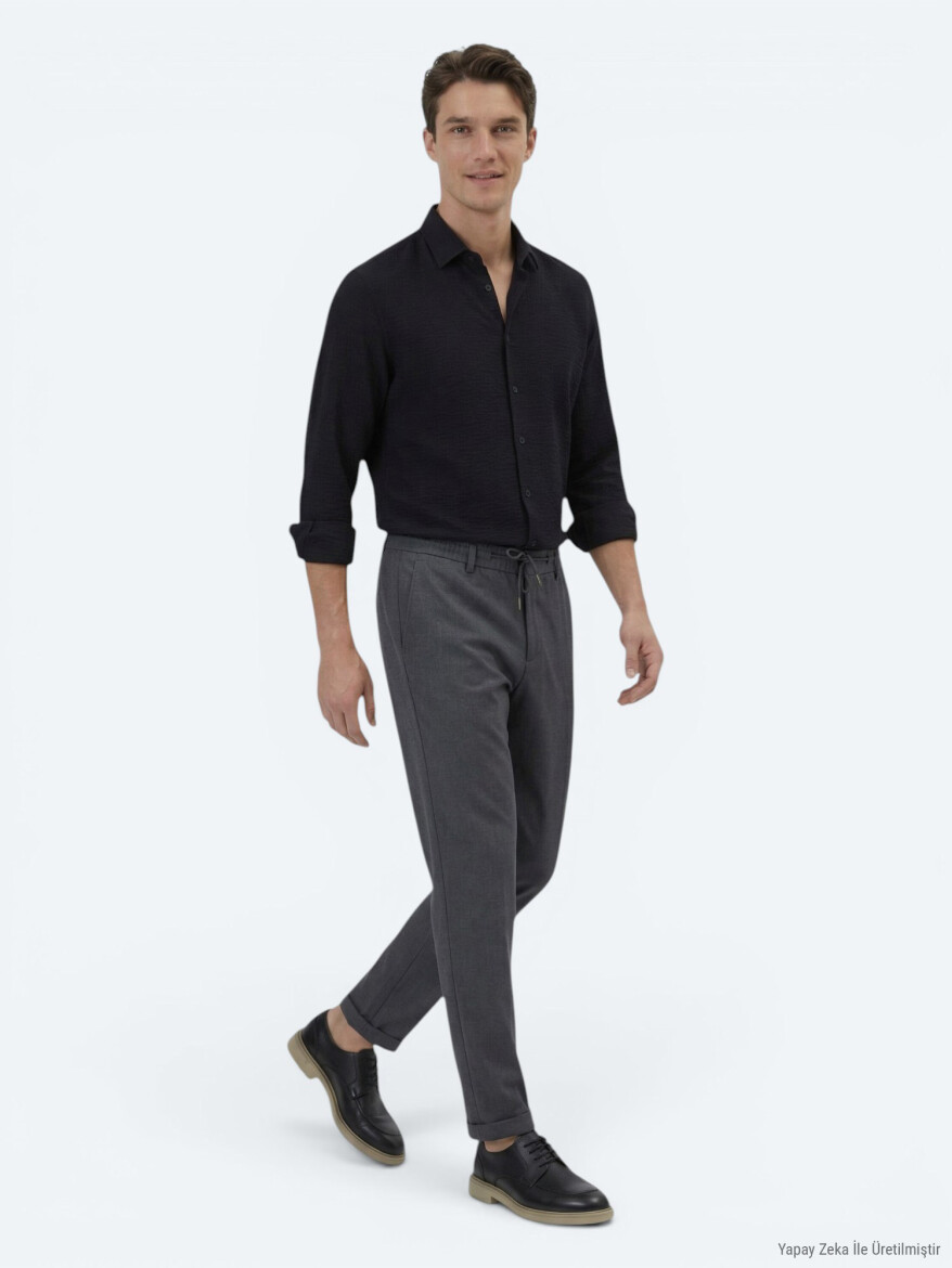 Siyah Regular Fit Uzun Dokuma Klasik Gömlek - KİP