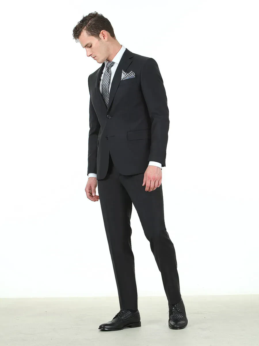 Siyah Regular Fit Yün Karışımlı Takım Elbise - 2