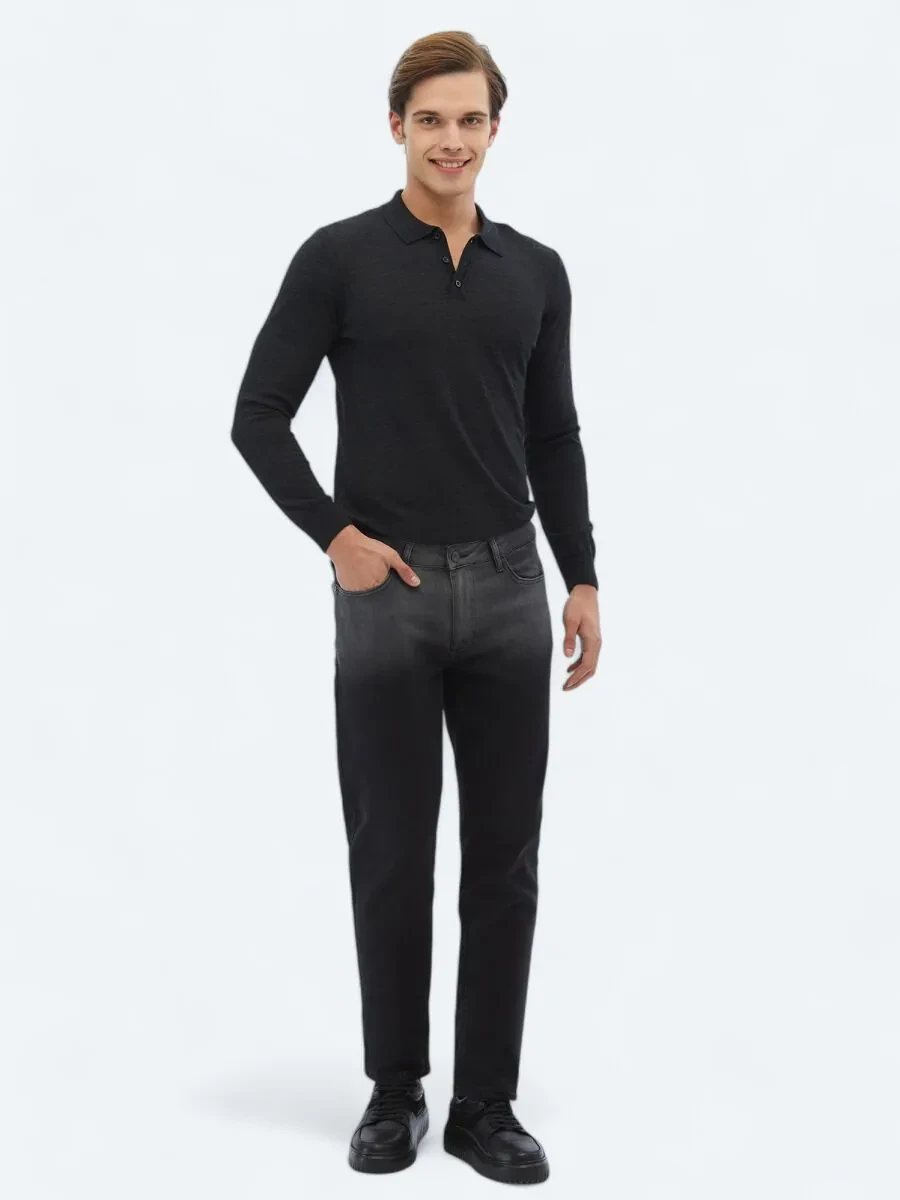 Siyah Slim Fit Çevre Dostu Denim Pamuk Karışımlı Pantolon - 1