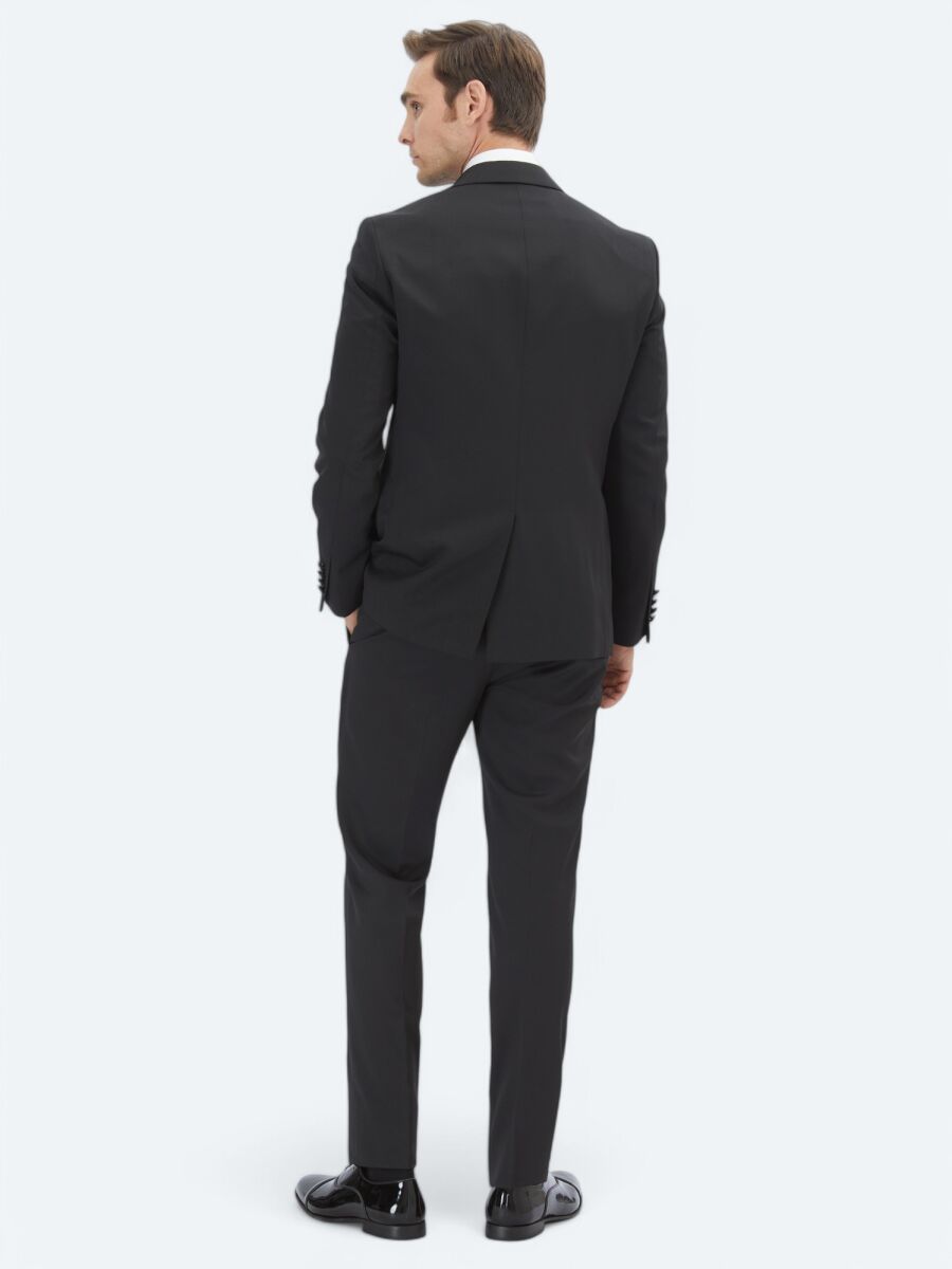 Siyah Slim Fit Çıkarılabilir Mono Yaka Dokuma Smokin Takım Elbise - 6