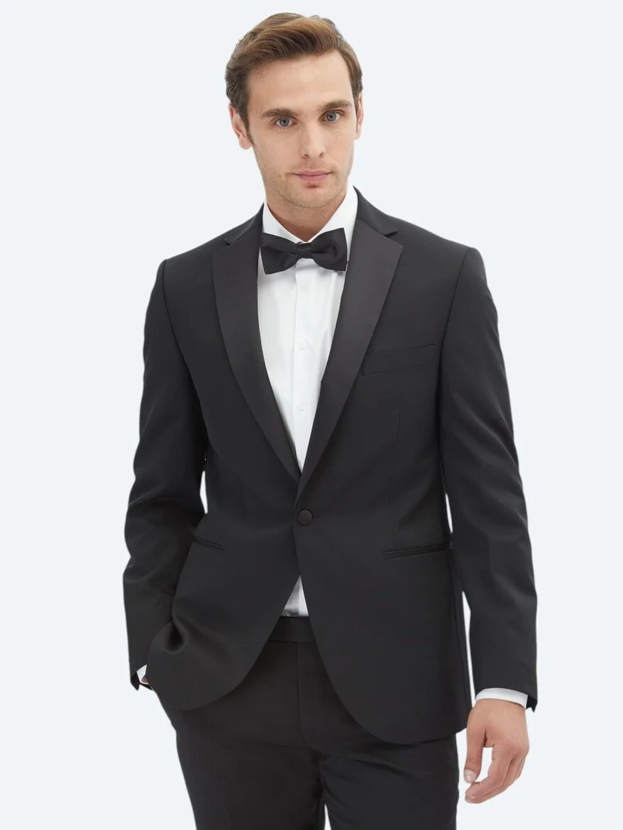Siyah Slim Fit Çıkarılabilir Mono Yaka Dokuma Smokin Takım Elbise - 1