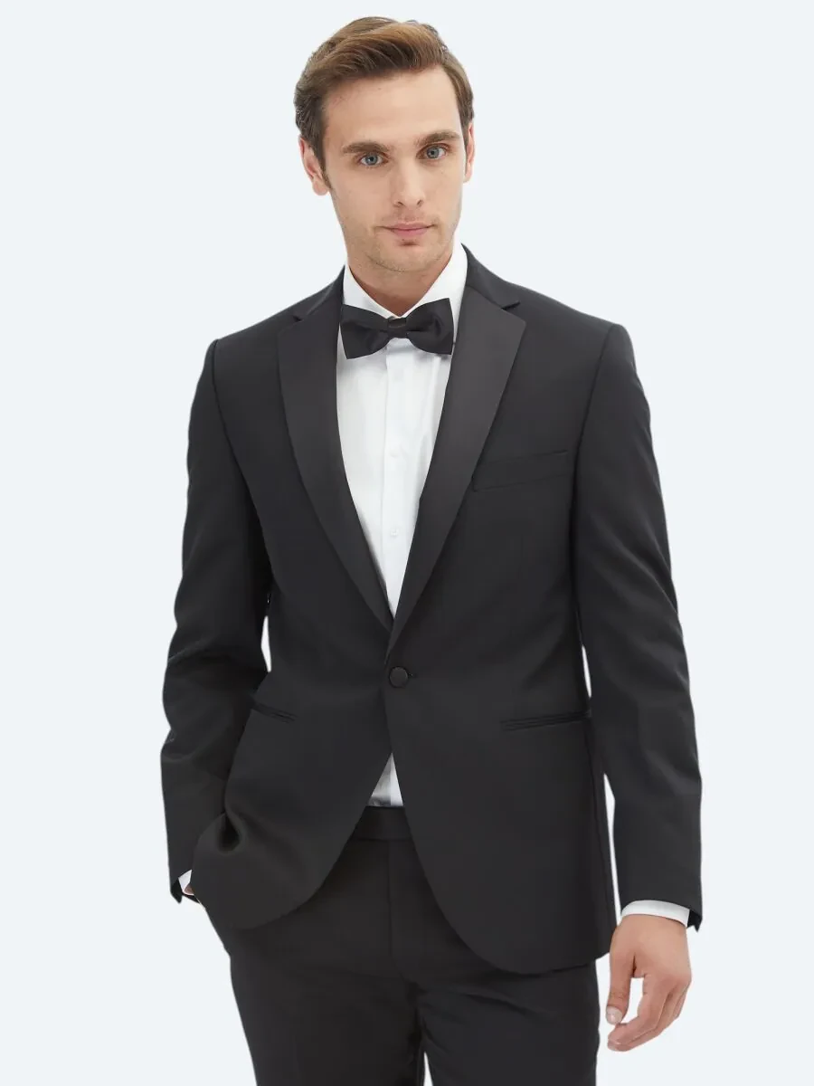 Siyah Slim Fit Çıkarılabilir Mono Yaka Dokuma Smokin Takım Elbise - 1