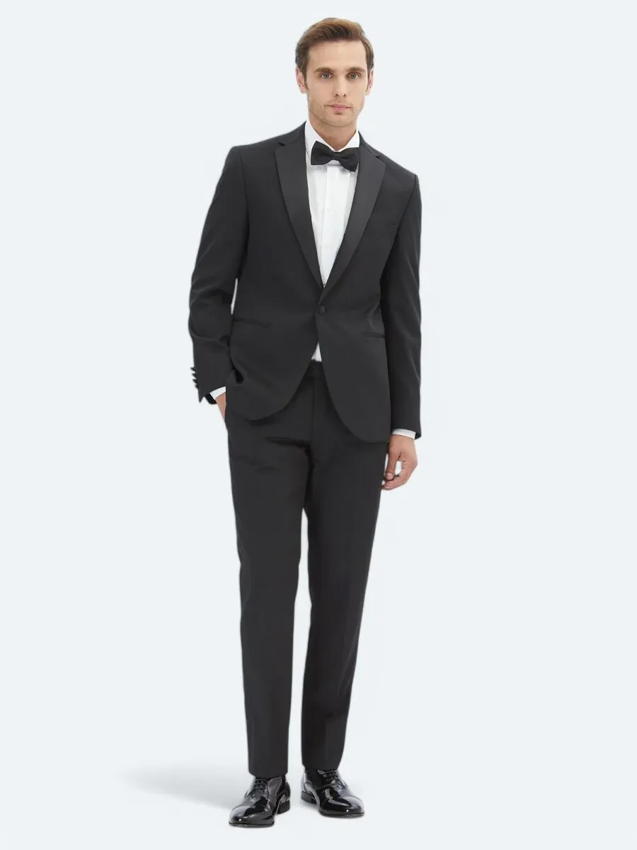 Siyah Slim Fit Çıkarılabilir Mono Yaka Dokuma Smokin Takım Elbise - 2