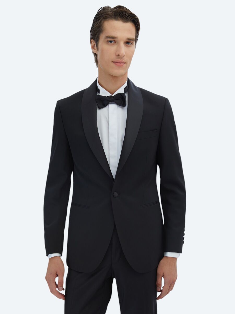 Siyah Slim Fit Çıkarılabilir Şal Yaka Dokuma Smokin Takım Elbise - 1