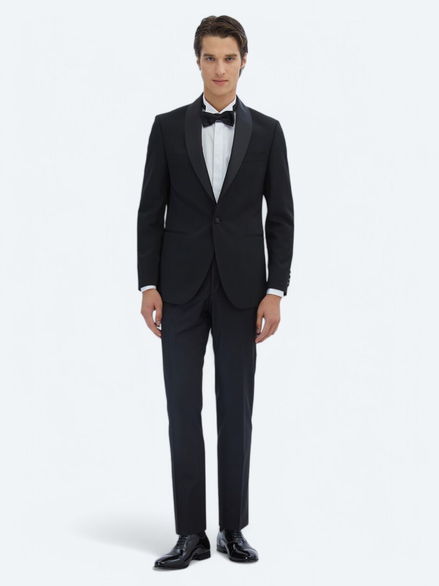Siyah Slim Fit Çıkarılabilir Şal Yaka Dokuma Smokin Takım Elbise - 2