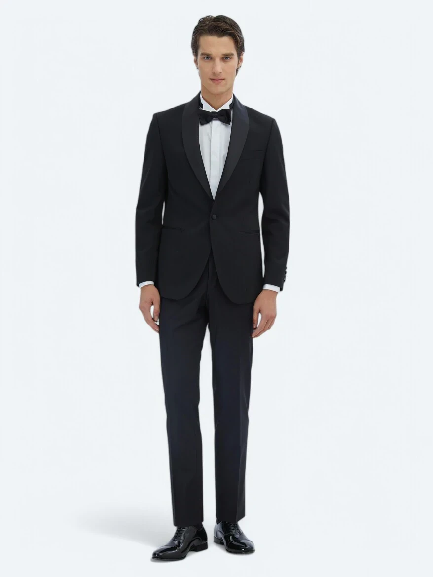 Siyah Slim Fit Çıkarılabilir Şal Yaka Dokuma Smokin Takım Elbise - 2