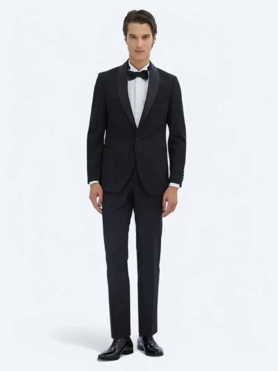 Siyah Slim Fit Çıkarılabilir Şal Yaka Dokuma Smokin Takım Elbise - 2