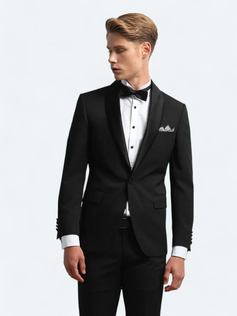 Siyah Slim Fit Çıkarılabilir Şal Yaka Dokuma Smokin Takım Elbise - 1