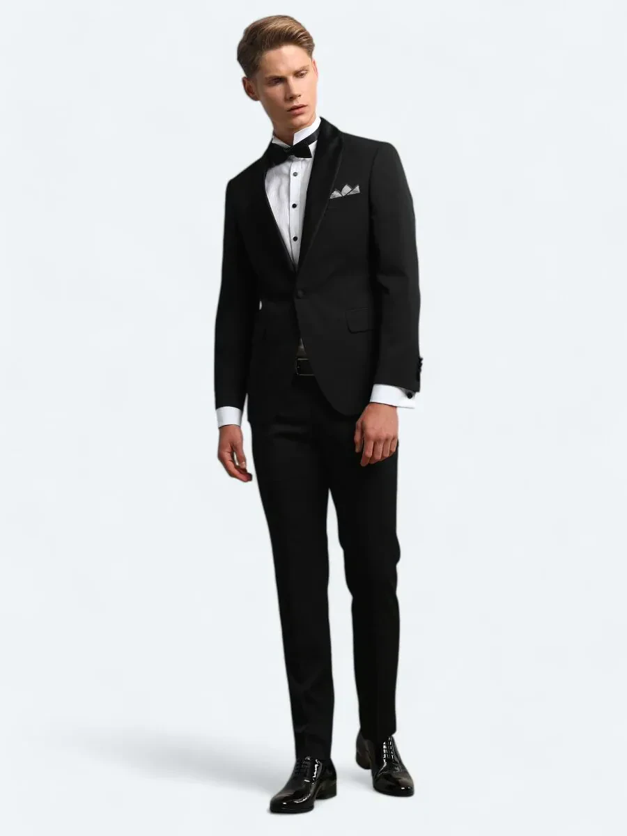 Siyah Slim Fit Çıkarılabilir Şal Yaka Dokuma Smokin Takım Elbise - 2