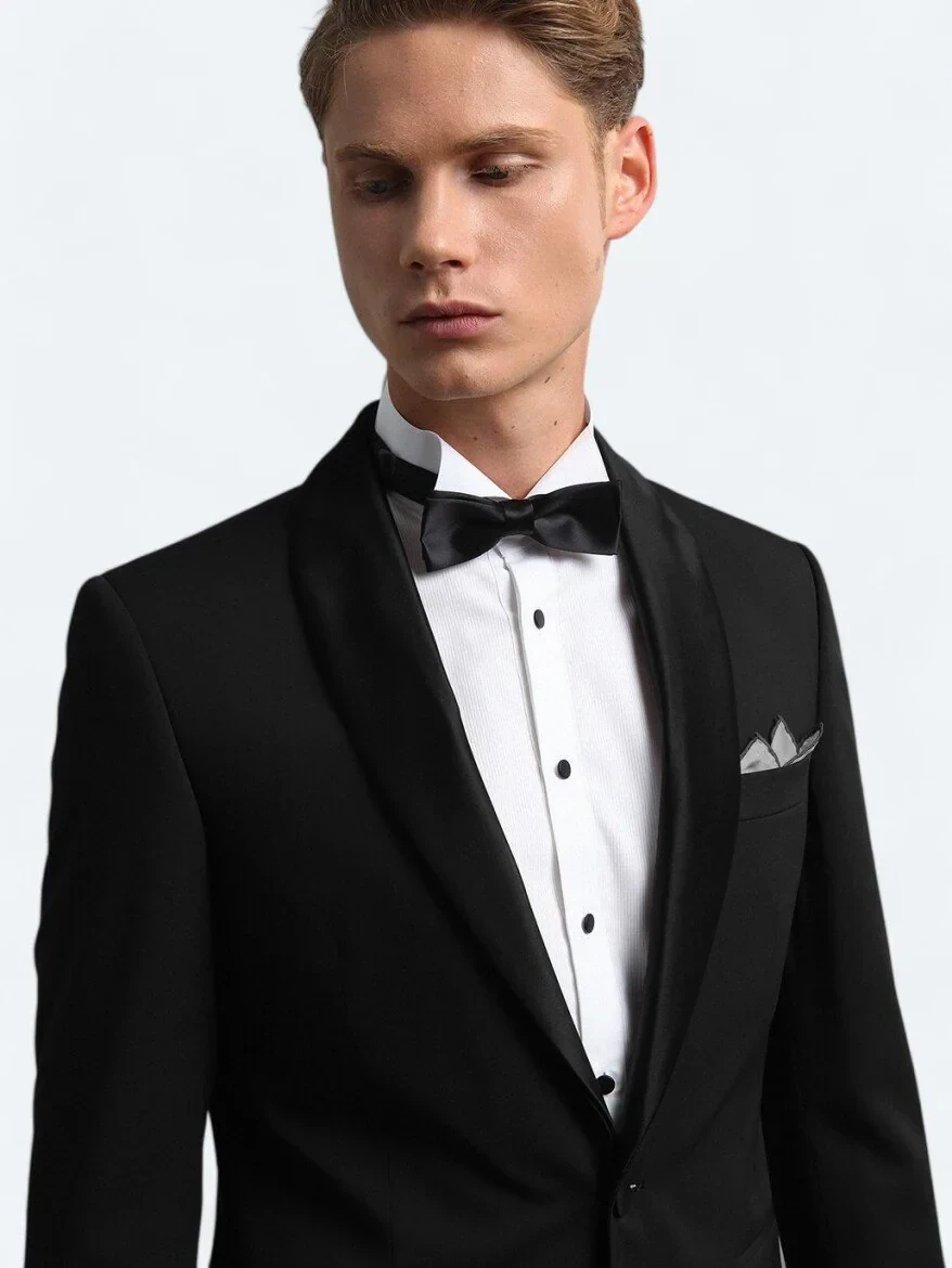 Siyah Slim Fit Çıkarılabilir Şal Yaka Dokuma Smokin Takım Elbise - 3