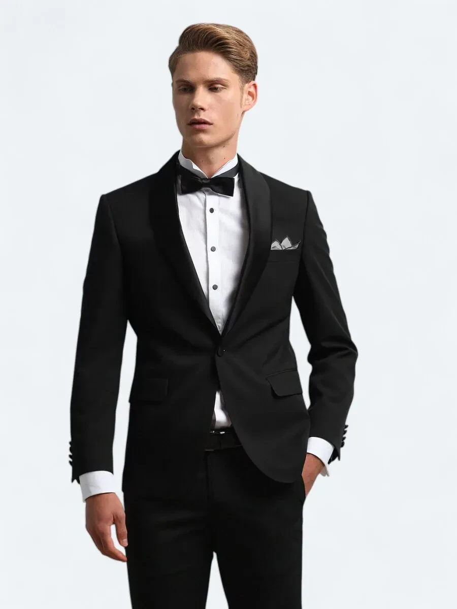 Siyah Slim Fit Çıkarılabilir Şal Yaka Dokuma Smokin Takım Elbise - 4