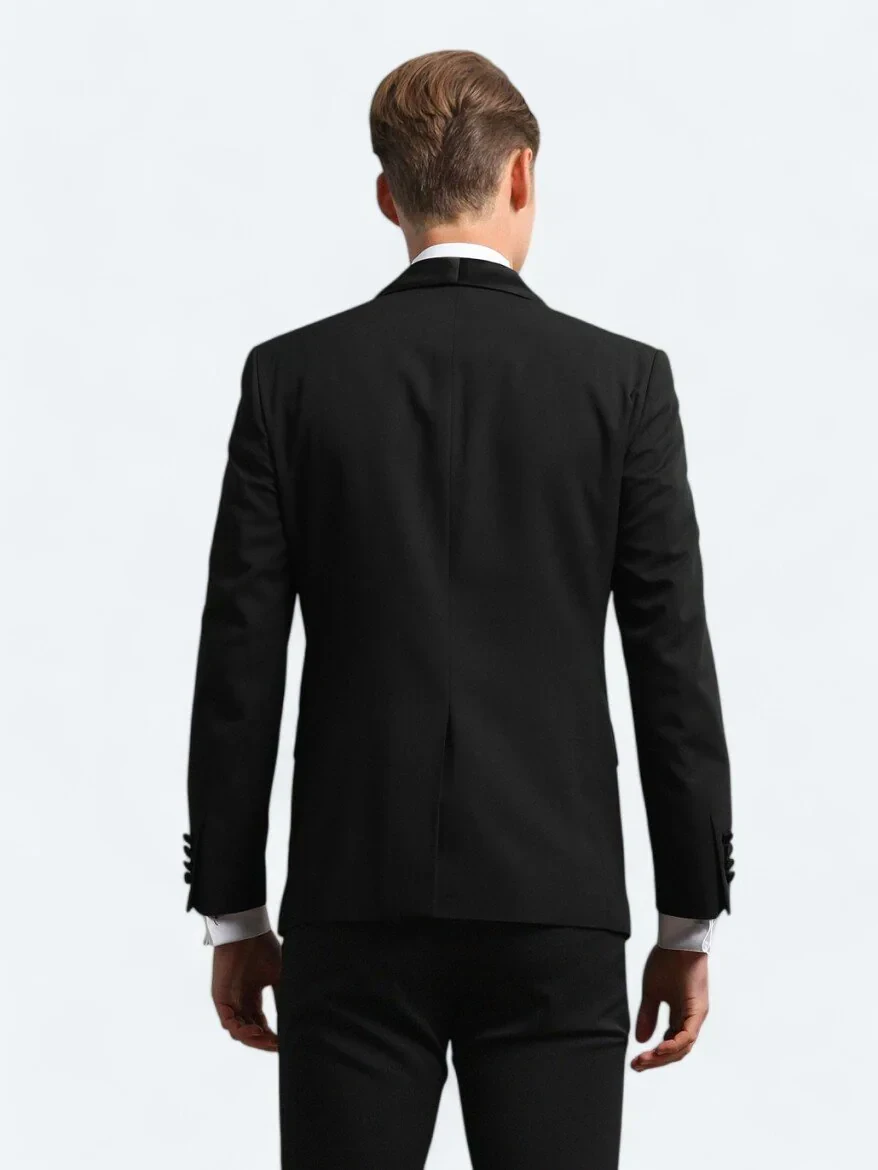 Siyah Slim Fit Çıkarılabilir Şal Yaka Dokuma Smokin Takım Elbise - 5