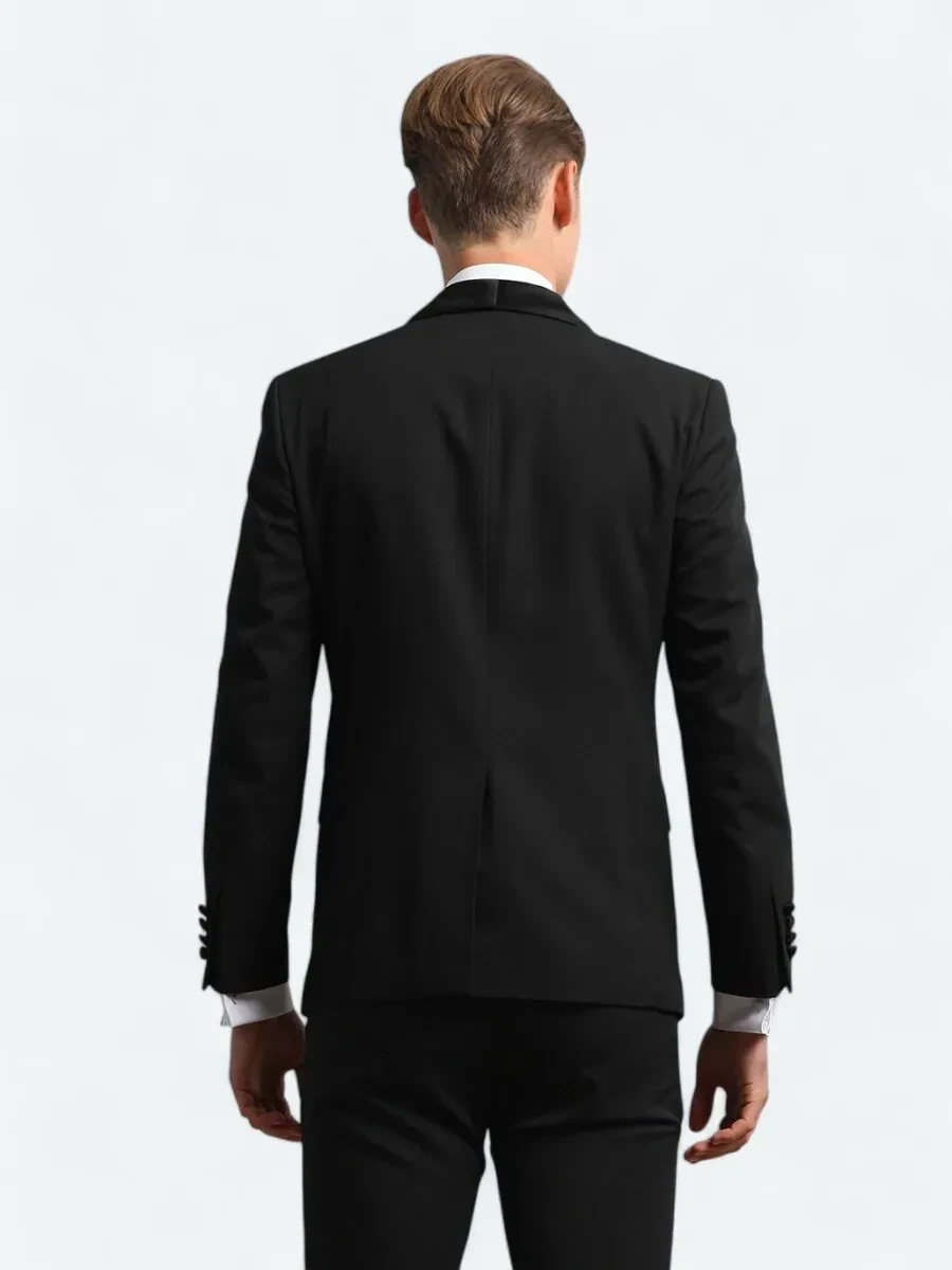 Siyah Slim Fit Çıkarılabilir Şal Yaka Dokuma Smokin Takım Elbise - 5