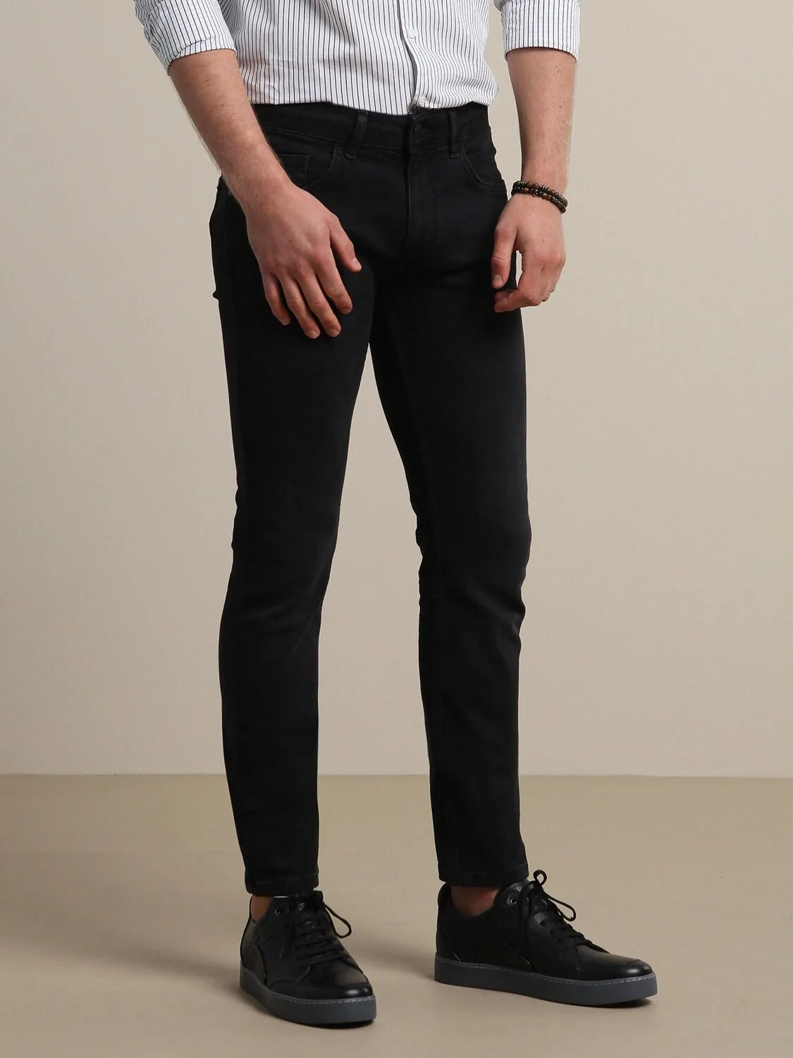Siyah Slim Fit Denim Pamuk Karışımlı Pantolon - 2