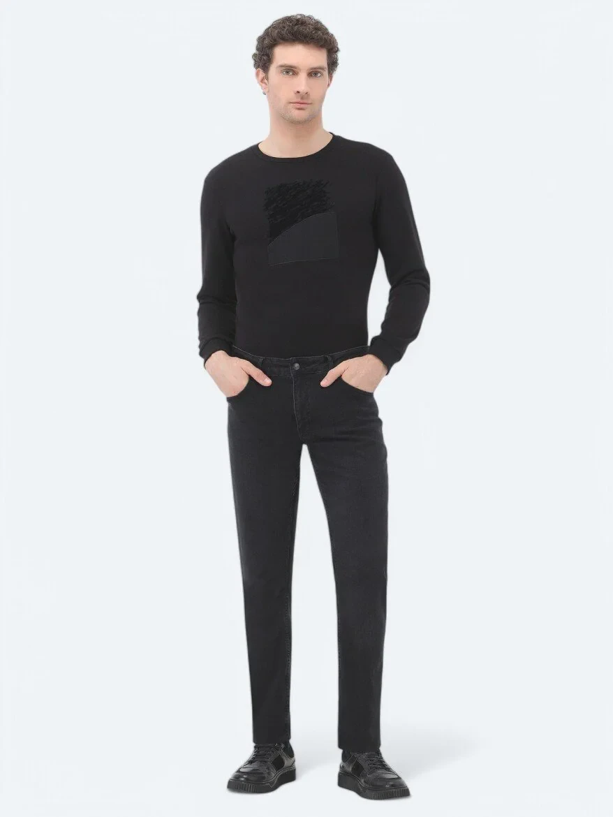 Siyah Slim Fit Denim Pamuk Karışımlı Pantolon - 1