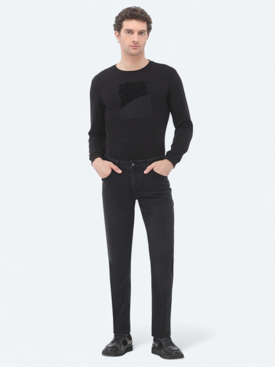 Siyah Slim Fit Denim Pamuk Karışımlı Pantolon - 1