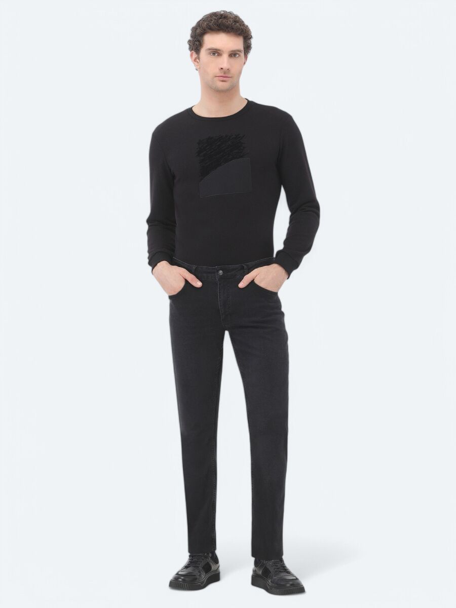 Siyah Slim Fit Denim Pamuk Karışımlı Pantolon - 1