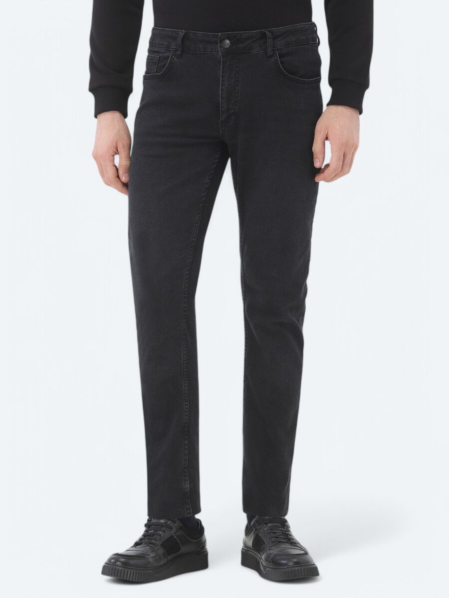 Siyah Slim Fit Denim Pamuk Karışımlı Pantolon - 2