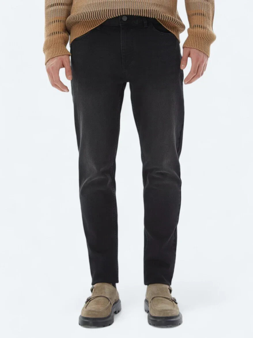 Siyah Slim Fit Denim Pamuk Karışımlı Pantolon - 2