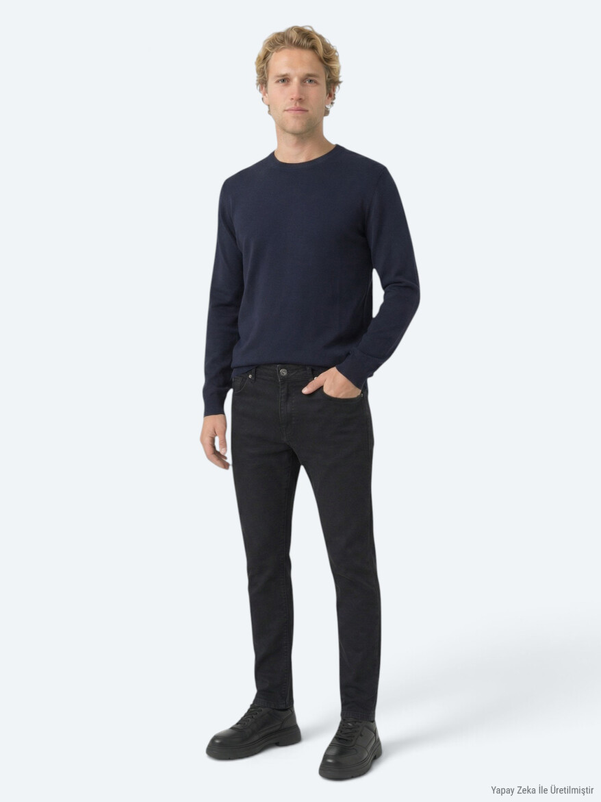 Siyah Slim Fit Denim Pamuk Karışımlı Pantolon - 1