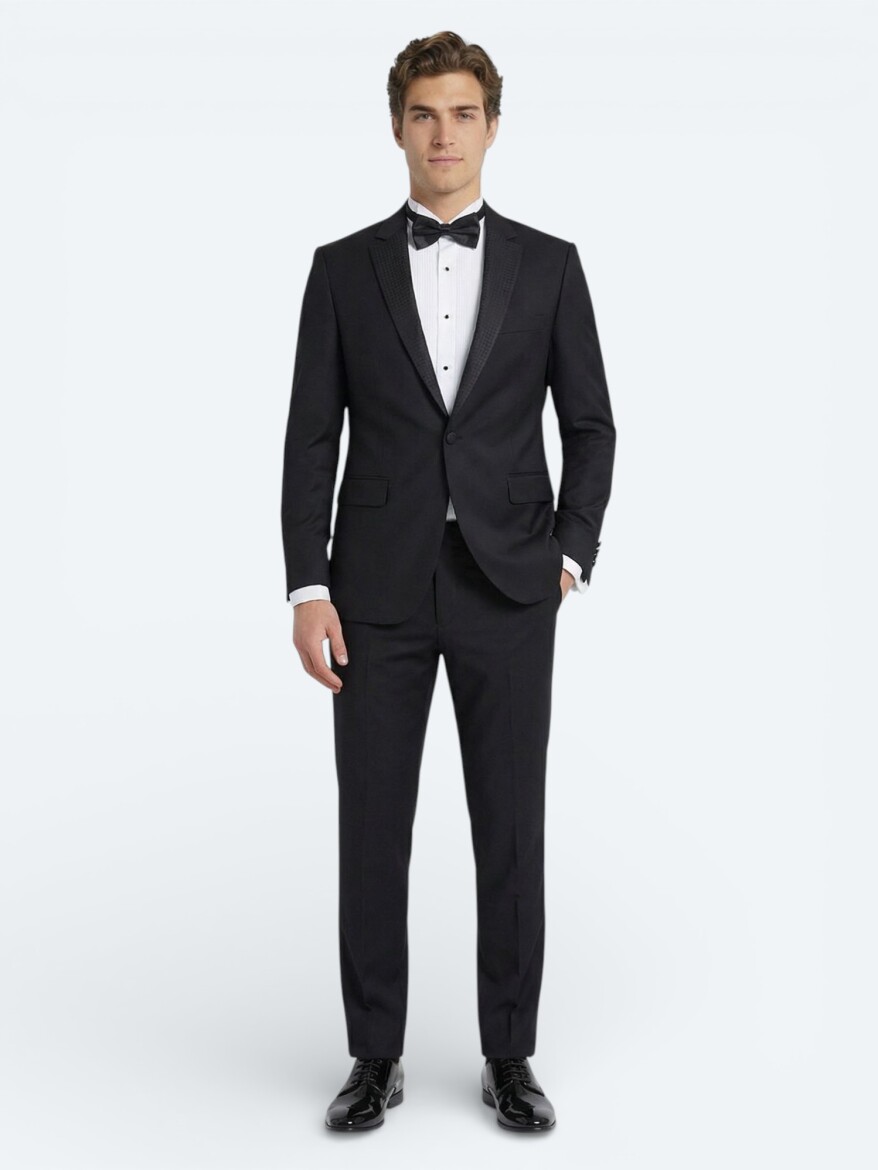 Siyah Slim Fit Kelebek Yaka Dokuma Smokin Takım Elbise - KİP