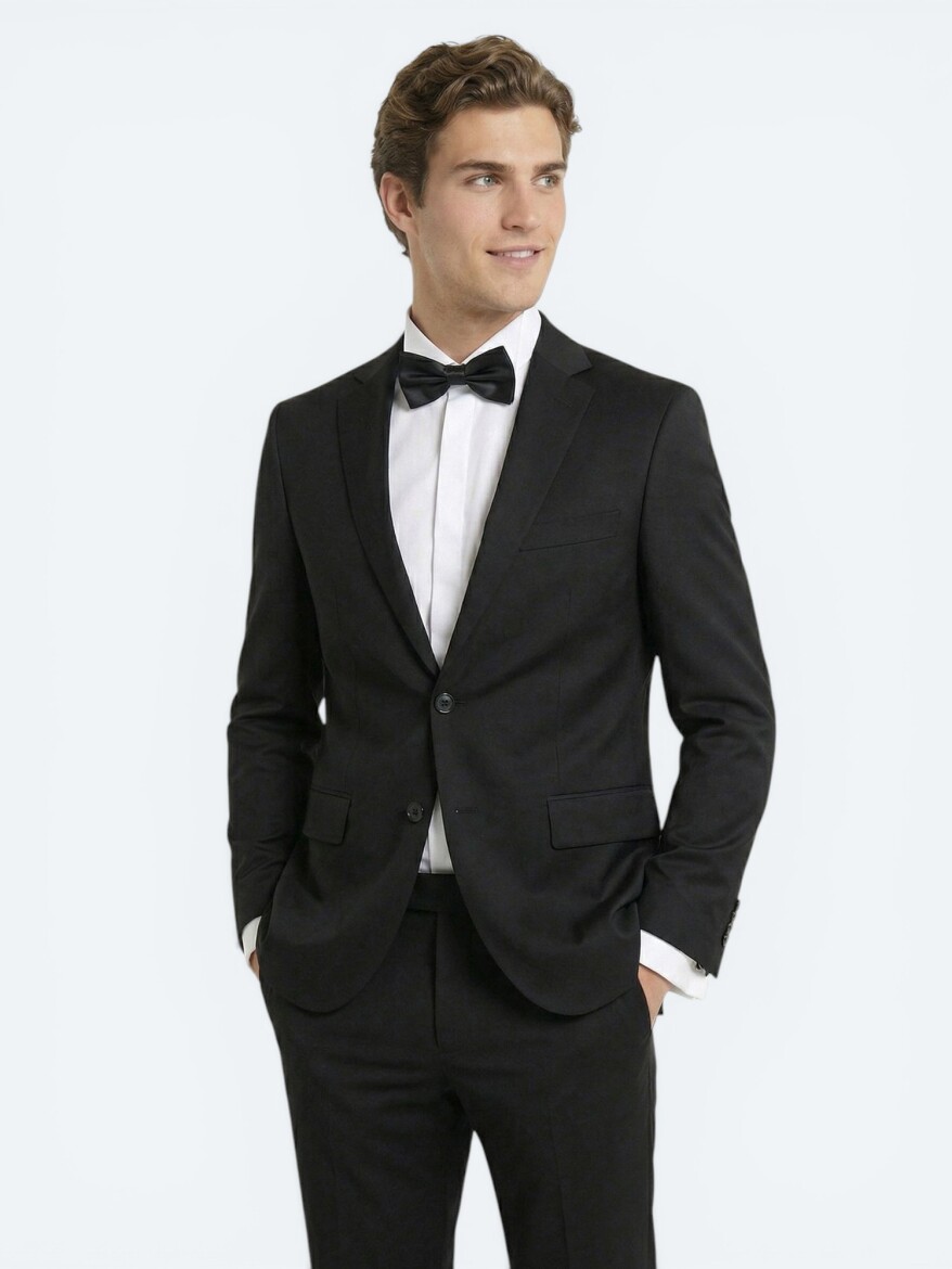Siyah Slim Fit Kelebek Yaka Dokuma Smokin Takım Elbise - 1