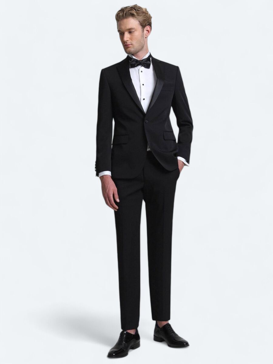 Siyah Slim Fit Kelebek Yaka Dokuma Smokin Takım Elbise - 2