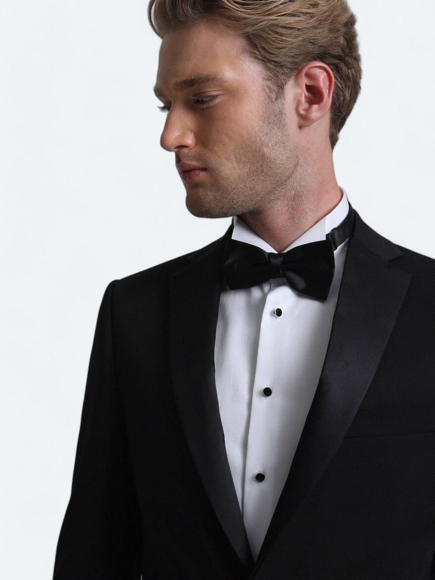 Siyah Slim Fit Kelebek Yaka Dokuma Smokin Takım Elbise - 3