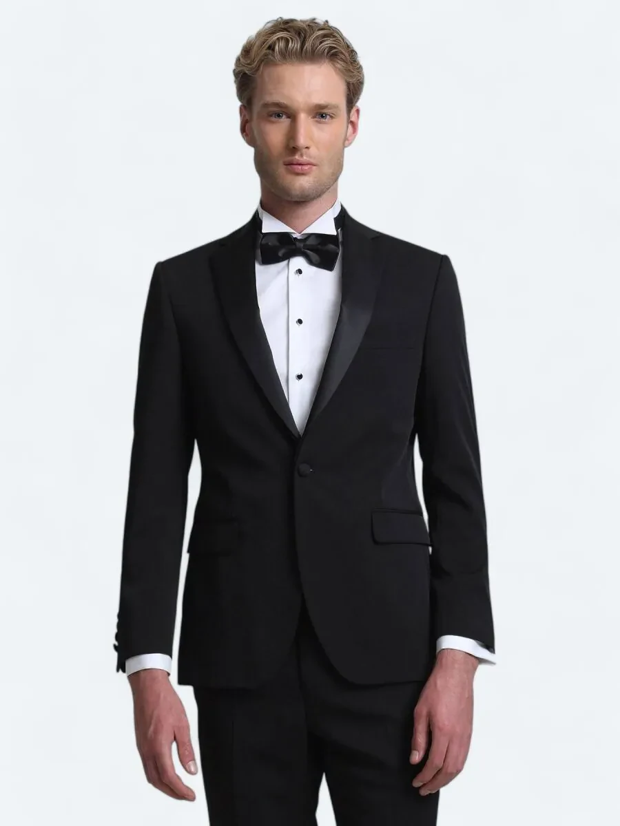 Siyah Slim Fit Kelebek Yaka Dokuma Smokin Takım Elbise - 1