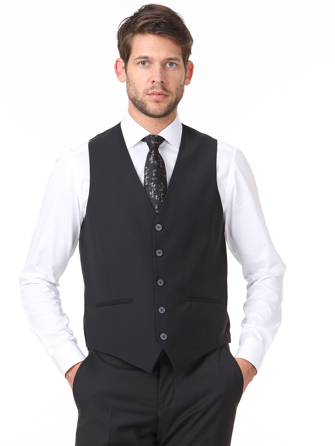 Siyah Slim Fit Kelebek Yaka Klasik Yelek - 1