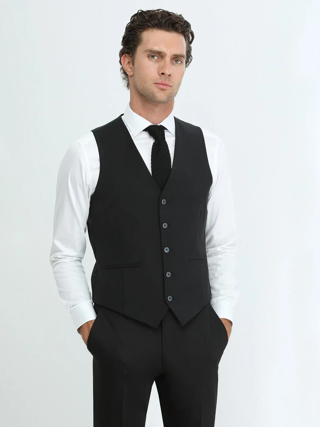 Siyah Slim Fit Kelebek Yaka Klasik Yelek - 1