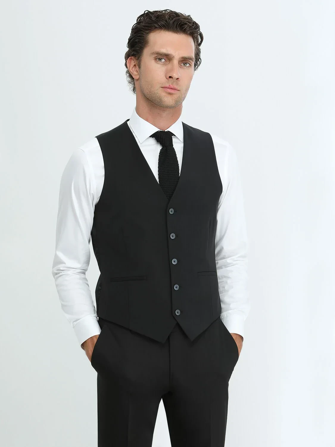 Siyah Slim Fit Kelebek Yaka Klasik Yelek - 1