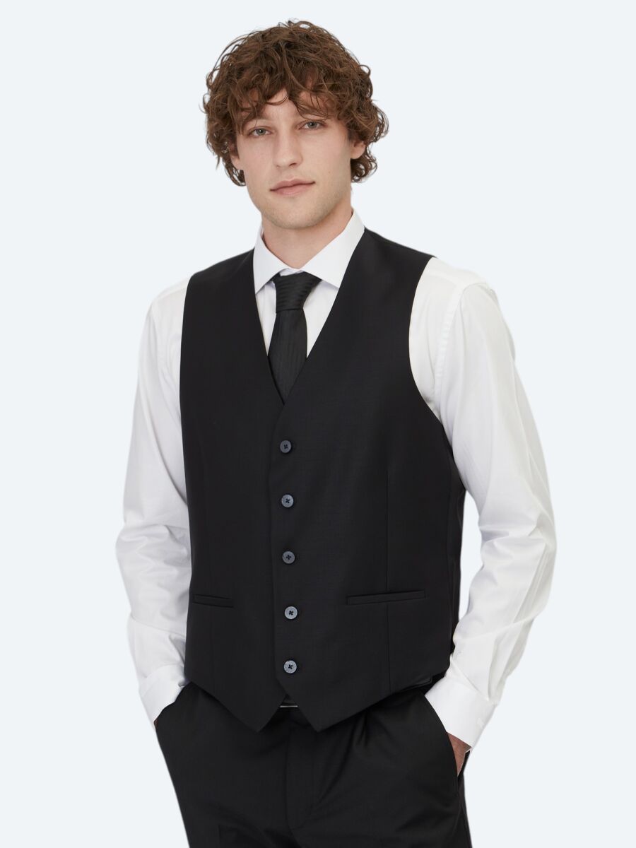 Siyah Slim Fit Klasik Dokuma Yelek - 1